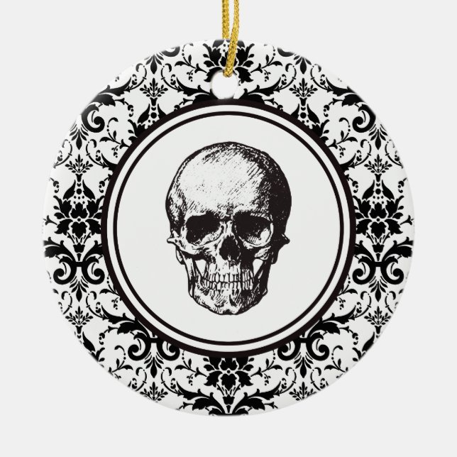 HALLOWEWEEN Schwarzer Damaskus Muster Skull Person Keramikornament (Vorne)