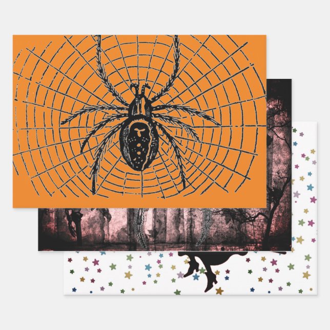 HALLOWEWEEN WRAPPING PAPER SET WITCH UND SPIDERS GESCHENKPAPIER SET (Set)