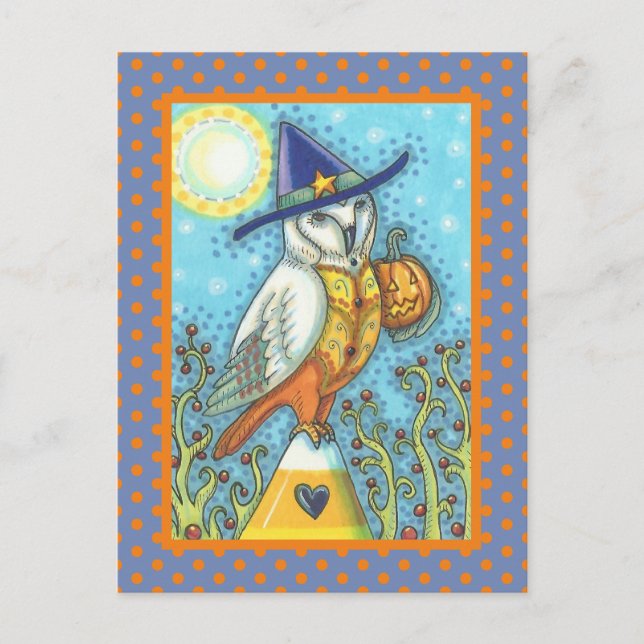 HALLOWEWEW FOLK ART BARN OWL & CANDY CORN POSTKARTE (Vorderseite)