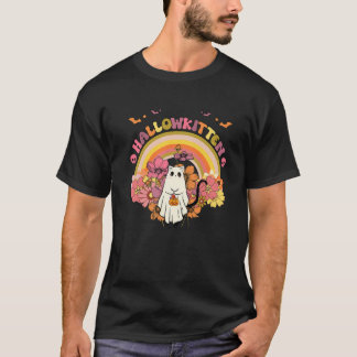 Hallowkitten Ghost Cat Retro Halloween Groovy Cat T-Shirt