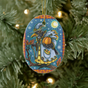 HALLOWS EVE BLACKBIRD WIZARD, HALLOWEEN RAVEN KERAMIK ORNAMENT
