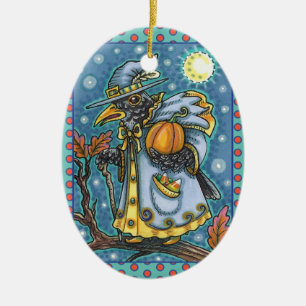 HALLOWS EVE BLACKBIRD WIZARD, HALLOWEEN RAVEN KERAMIK ORNAMENT