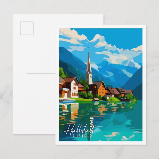 Hallstatt Austria Vintage Illustration Postkarte (Vorne/Hinten)