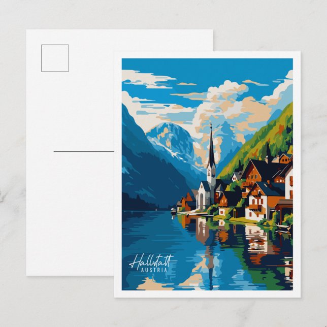 Hallstatt Austria Vintage Illustration Postkarte (Vorne/Hinten)