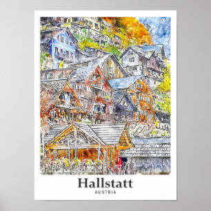 Hallstatt Österreich Reise Wasserfarbe Handgezeich Poster