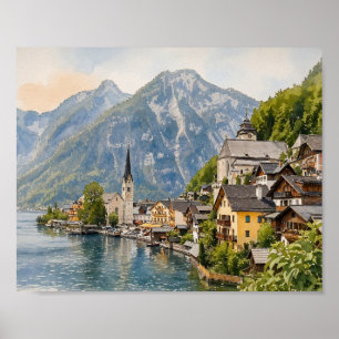 Hallstatt Österreich Wasserfarben Kunst Druck Poster