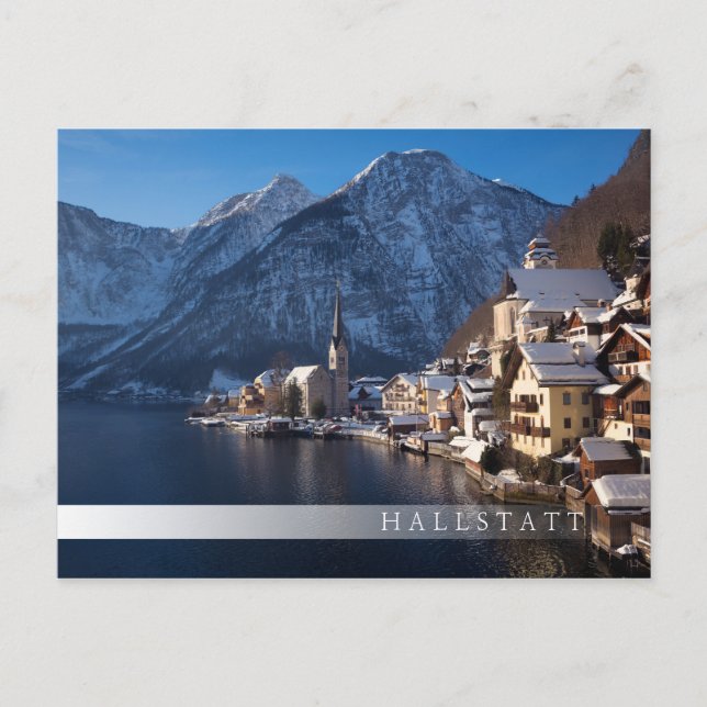 Hallstatt Stadt im Winter im Schnee Postkarte (Vorderseite)