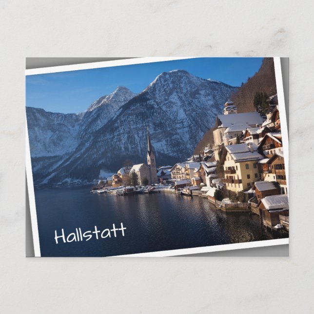 Hallstatt Stadt im Winter im Schnee Postkarte (Vorderseite)