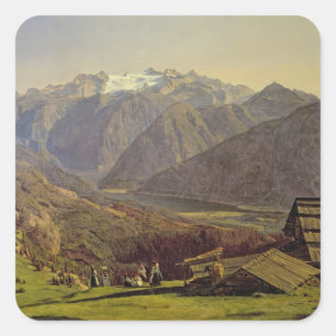 Hallstatter-Sehen Sie (Öl auf Leinwand) Quadratischer Aufkleber