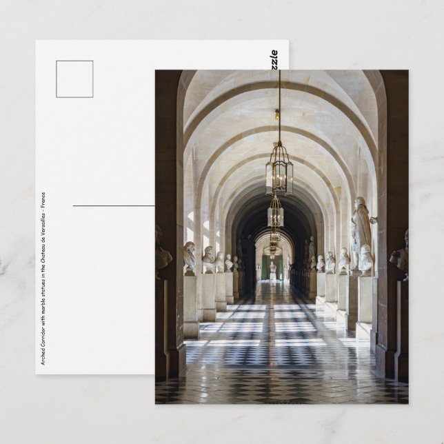 Hallway mit Statuen im Schloss von Versailles Postkarte (Vorne/Hinten)