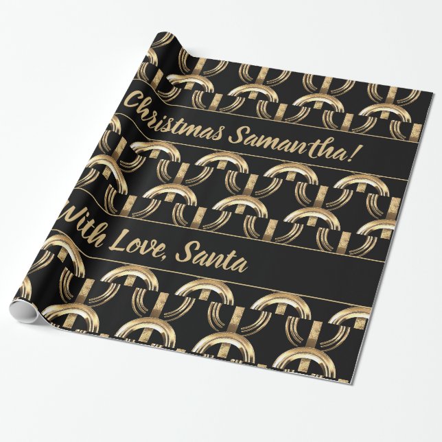 Halo um Candle Flame Pattern Schwarz und Gold Geschenkpapier (Ungerollt)