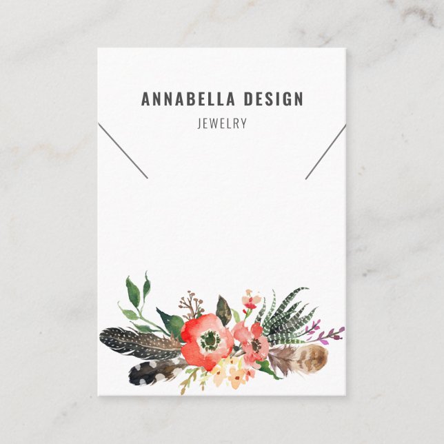 Halsketten-Anzeigen-Karte • Boho Feder mit Blumen Visitenkarte (Vorderseite)