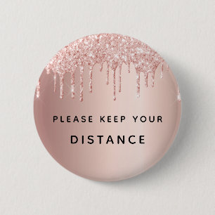 Halte Abstand rosa goldener Glitter-Tropfen Button