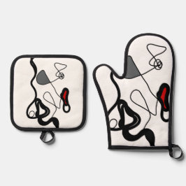 Haltemuster: Abstrakt schwarz, weiß, grau und rot Ofenhandschuh & Topflappen-Set