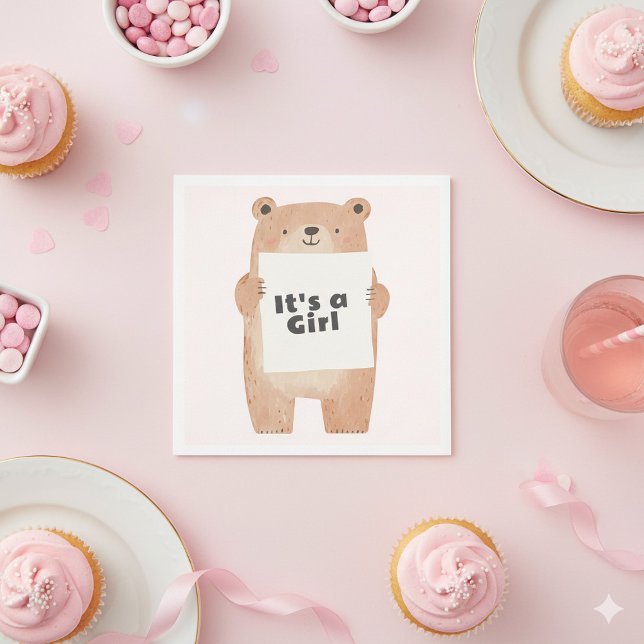 Halteschild niedlich rosa Babydusche Serviette (Pink it's a girl teddy bear baby shower gender reveal napkin)