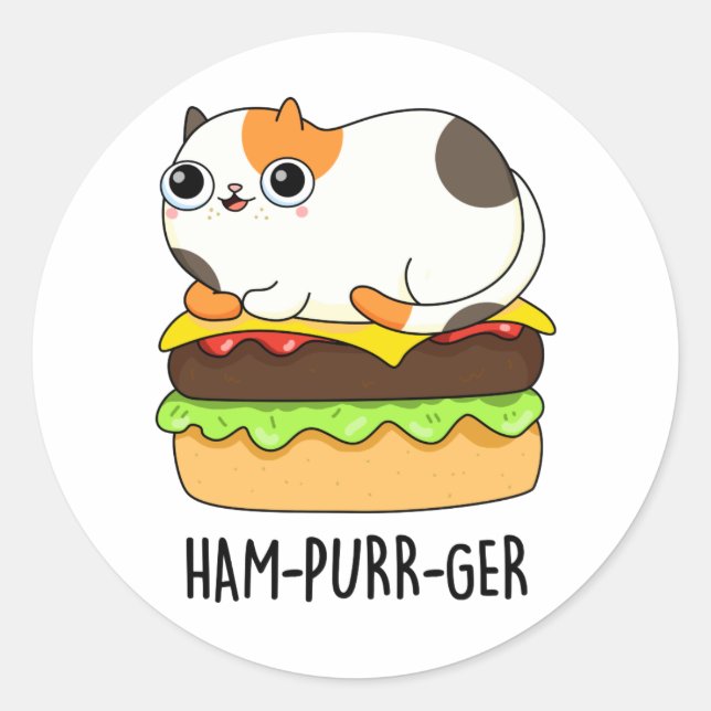 Ham-Purr-Ger Funny Cat Hamburger Pun Runder Aufkleber (Vorderseite)