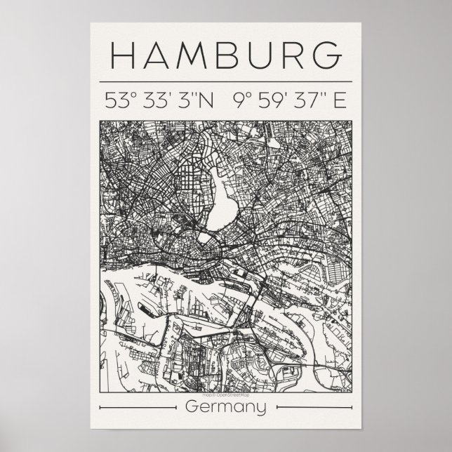 Hamburg Charcoal City Map Poster Minimal Germany (Vorne)