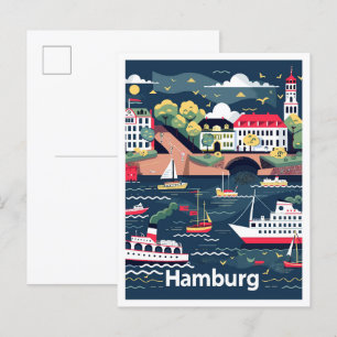 Hamburg Germany Vintage Travel Illustration Postkarte