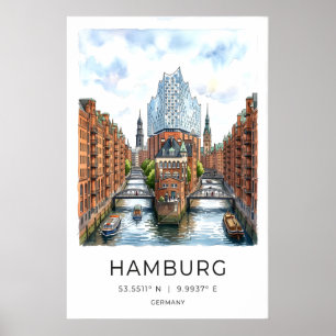 Hamburg Kanal Kunstprint - Aquarell Stadtansicht Poster
