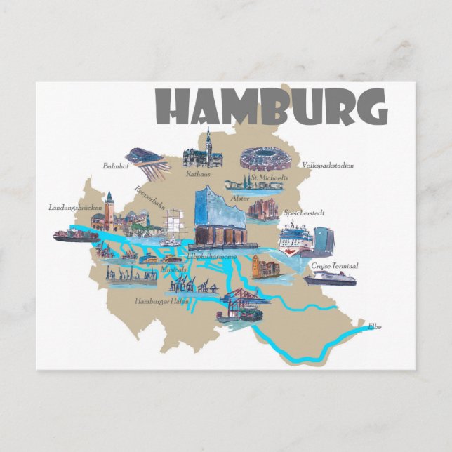 Hamburg Map Übersicht Postkarte (Vorderseite)