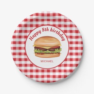 Hamburger auf rotem Gingham-Muster Alles Gute zum Pappteller