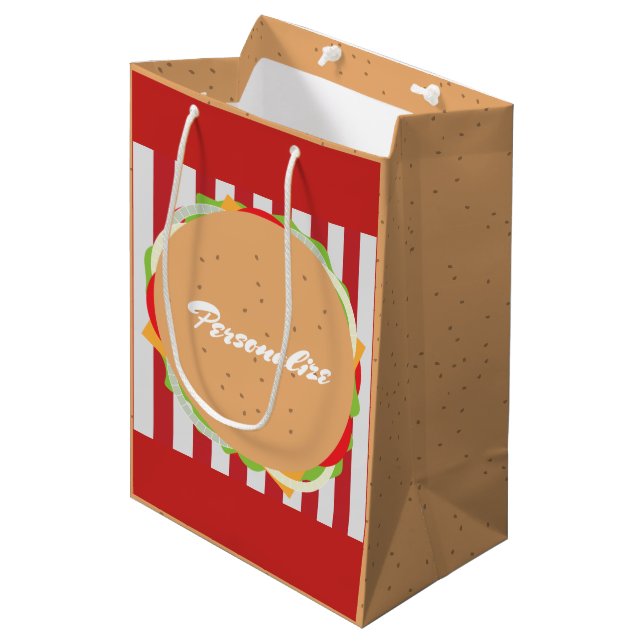 Hamburger Cheeseburger niedliches Café rot gestrei Mittlere Geschenktüte (Vorderseite Schrägansicht)