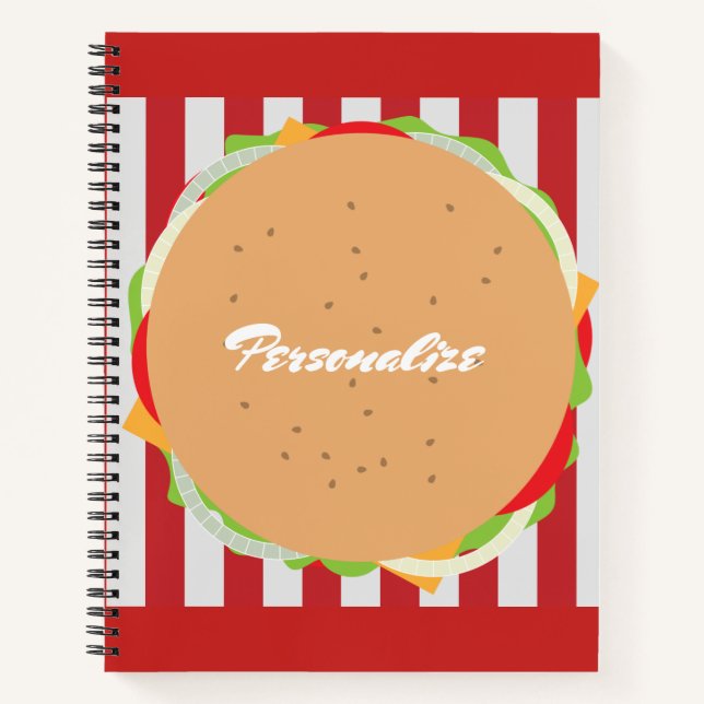 Hamburger Cheeseburger niedliches Café rot gestrei Notizbuch (Vorderseite)