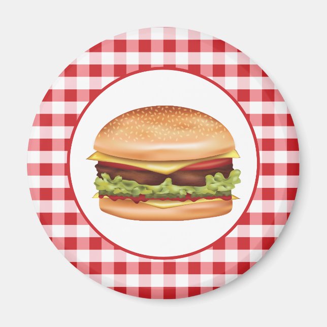 Hamburger Fast Food Illustration über Red Gingham Magnet (Vorne)