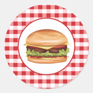 Hamburger Fast Food Illustration über Red Gingham Runder Aufkleber