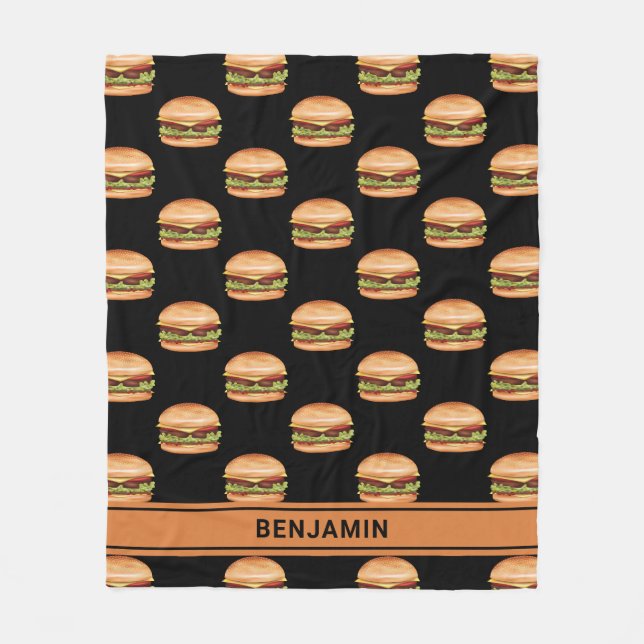 Hamburger Fast Food Muster auf schwarz mit Namen Fleecedecke (Vorderseite)