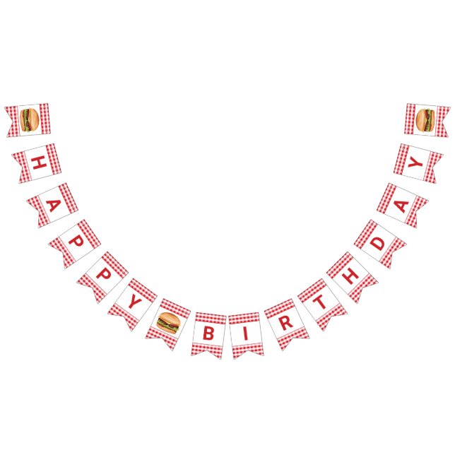 Hamburger Fast Food Red Gingham Happy Birthday Wimpelkette (Alle)
