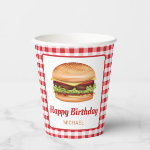 Hamburger Food on Red Gingham Happy Birthday Pappbecher