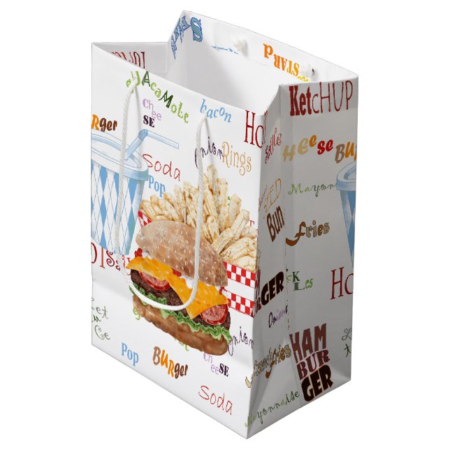 Hamburger Fries Fast Food GRILLEN Diner Mittlere Geschenktüte (Vorderseite Schrägansicht)