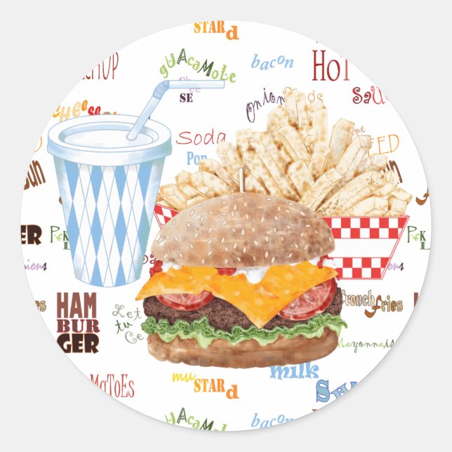 Hamburger Fries Fast Food GRILLEN Diner Runder Aufkleber (Vorderseite)
