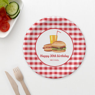Hamburger Hot Dog und Drink Red Gingham Birthday Pappteller