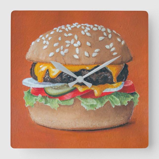 Hamburger Illustration kitchen wall clock Quadratische Wanduhr (Vorderseite)