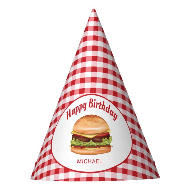 Hamburger on Red Gingham Pattern Happy Birthday Partyhütchen (Vorderseite)
