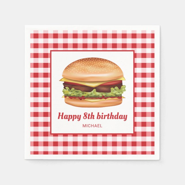 Hamburger on Red Gingham Pattern Happy Birthday Serviette (Vorderseite)
