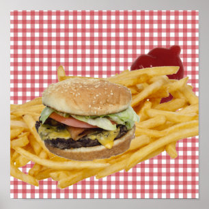 Hamburger, Pommes, rot-weiß kariertes Hintergrundb Poster