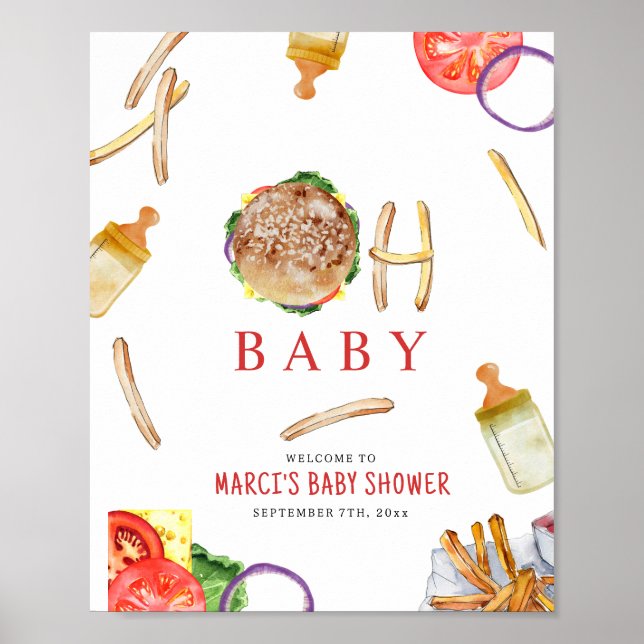 Hamburger und Flaschen Oh Baby Dusche Willkommen Poster (Vorne)