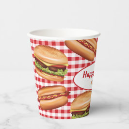 Hamburger und Hot Dog auf Red Gingham zum Geburtst Pappbecher