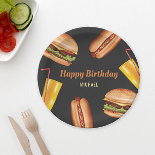 Hamburger und Hot Dog Fast Food Happy Birthday Pappteller