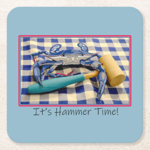 Hammer Time Blue Crab mit Hammer auf Gingham Rechteckiger Pappuntersetzer