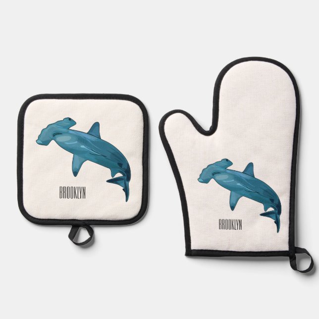 Hammerhead-Hai-Cartoon Ofenhandschuh & Topflappen-Set (Vorderseite)