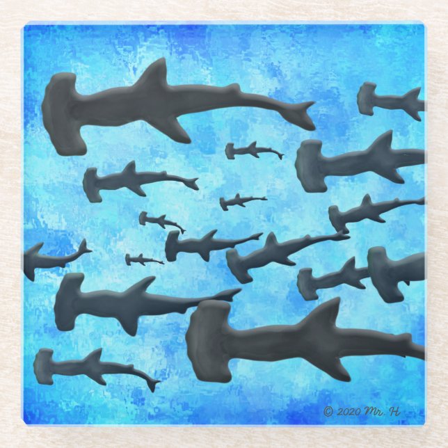 Hammerhead-Haifischschule in der Silhouette Glasuntersetzer (Vorderseite)