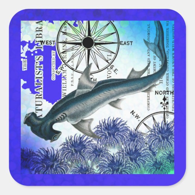 Hammerhead Shark Nautical Collage Underwater Blue Quadratischer Aufkleber (Vorderseite)