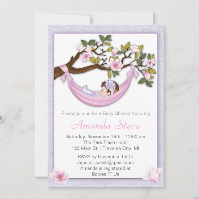 Hammock Girl Baby Shower Invitation- Brunette Hair Einladung (Vorderseite)