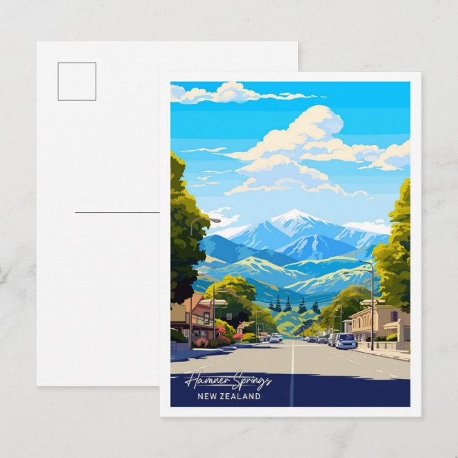 Hamner Springs New Zealand Travel Illustration Postkarte (Vorne/Hinten)