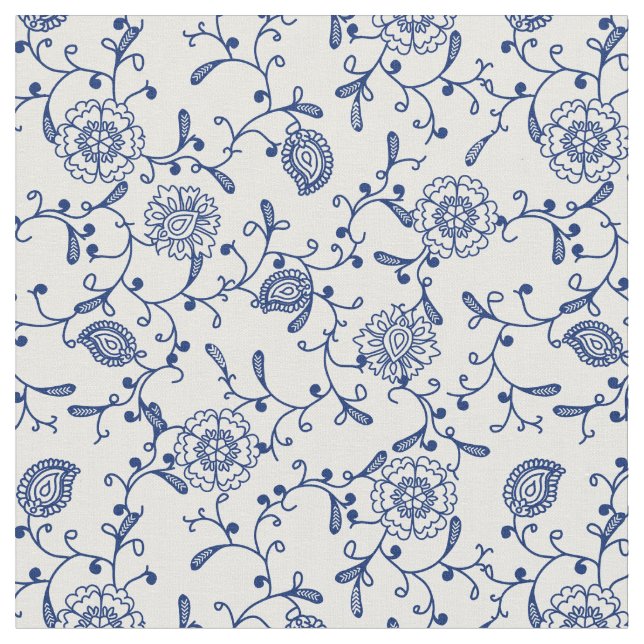 Hamptons Ästhetisches Blau Weiße Floral Boho Muste Stoff (Nahaufnahme)