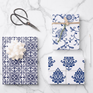 Hamptons Gemusterter Blau- und Weißschick Geschenkpapier Set